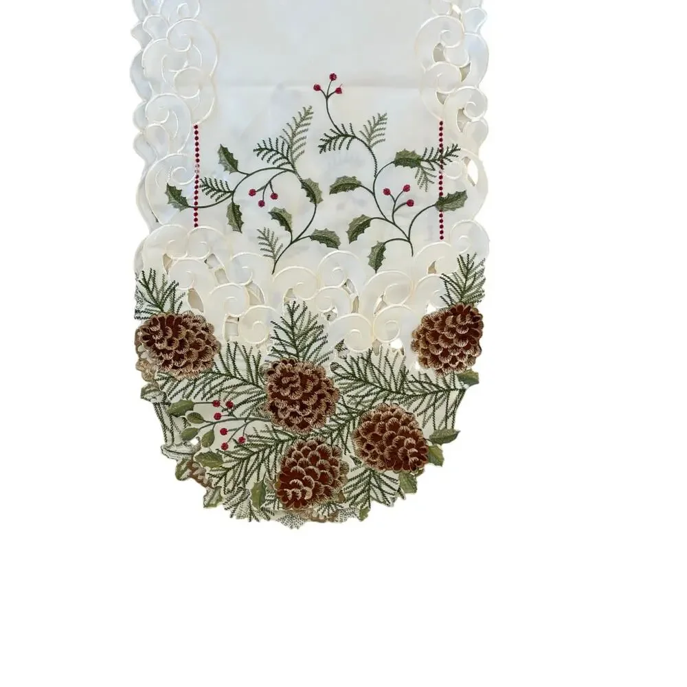 Ridgefield Home Embroidered Christmas Table Runner 14x72 Pine Cones Holly Berry